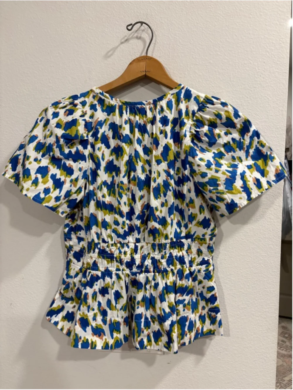 Anthropologie Somerset Puff Sleeve Smocked Waist Blouse Peplum Top Blue Small
